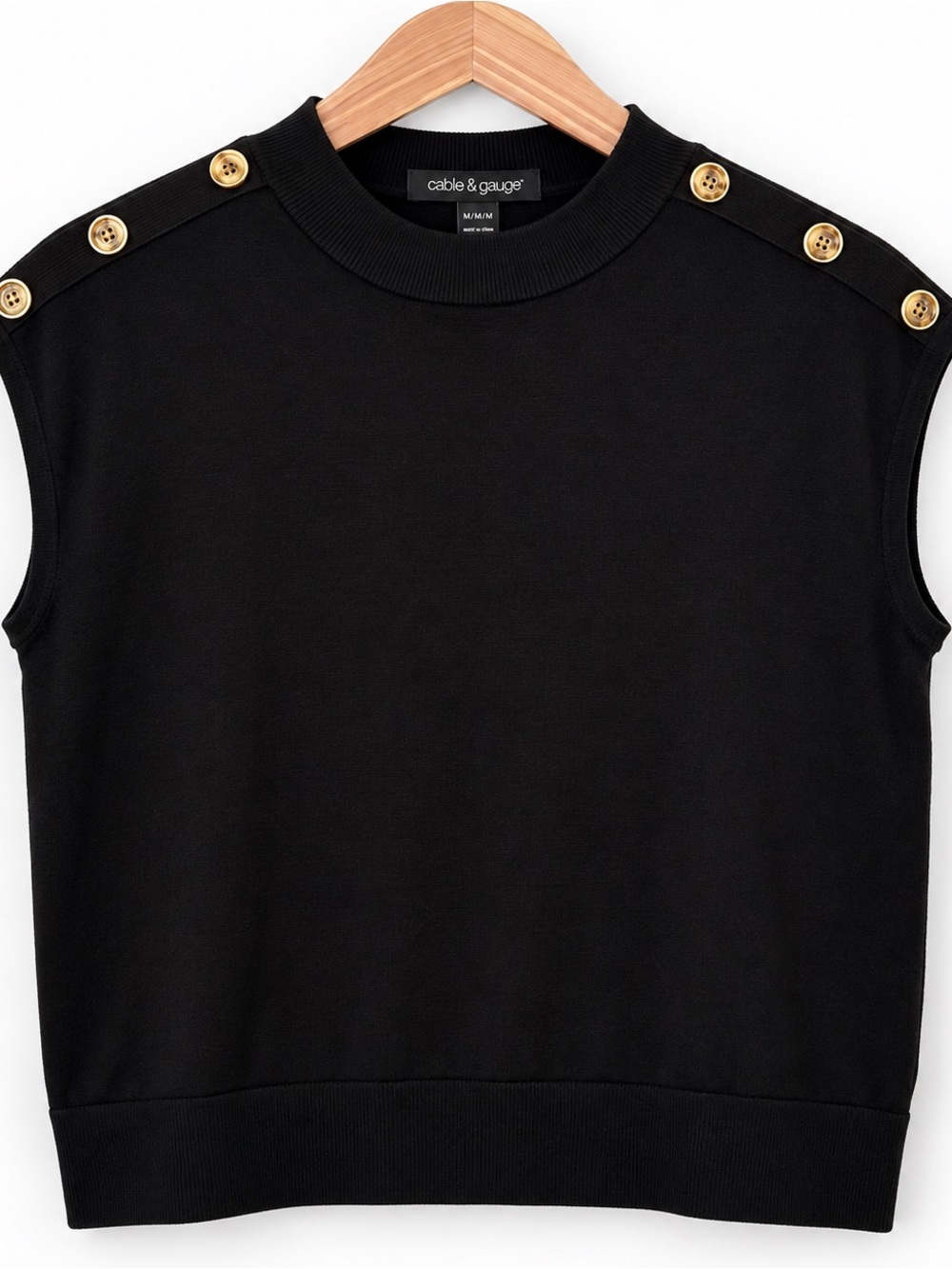 Cable & Gauge Black Mock Neck Gold Button Sleeveless Knit Top Size M